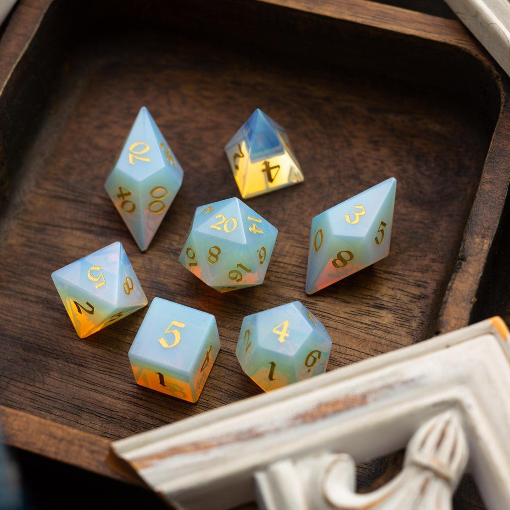 Gemstone Opalite Elven Cut DND Dice Set | Gemstone Dice | Wiccan Center