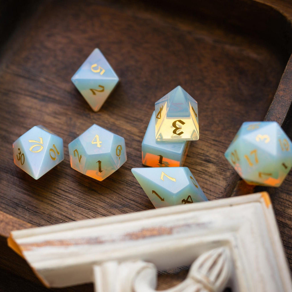 Gemstone Opalite Elven Cut DND Dice Set | Gemstone Dice | Wiccan Center