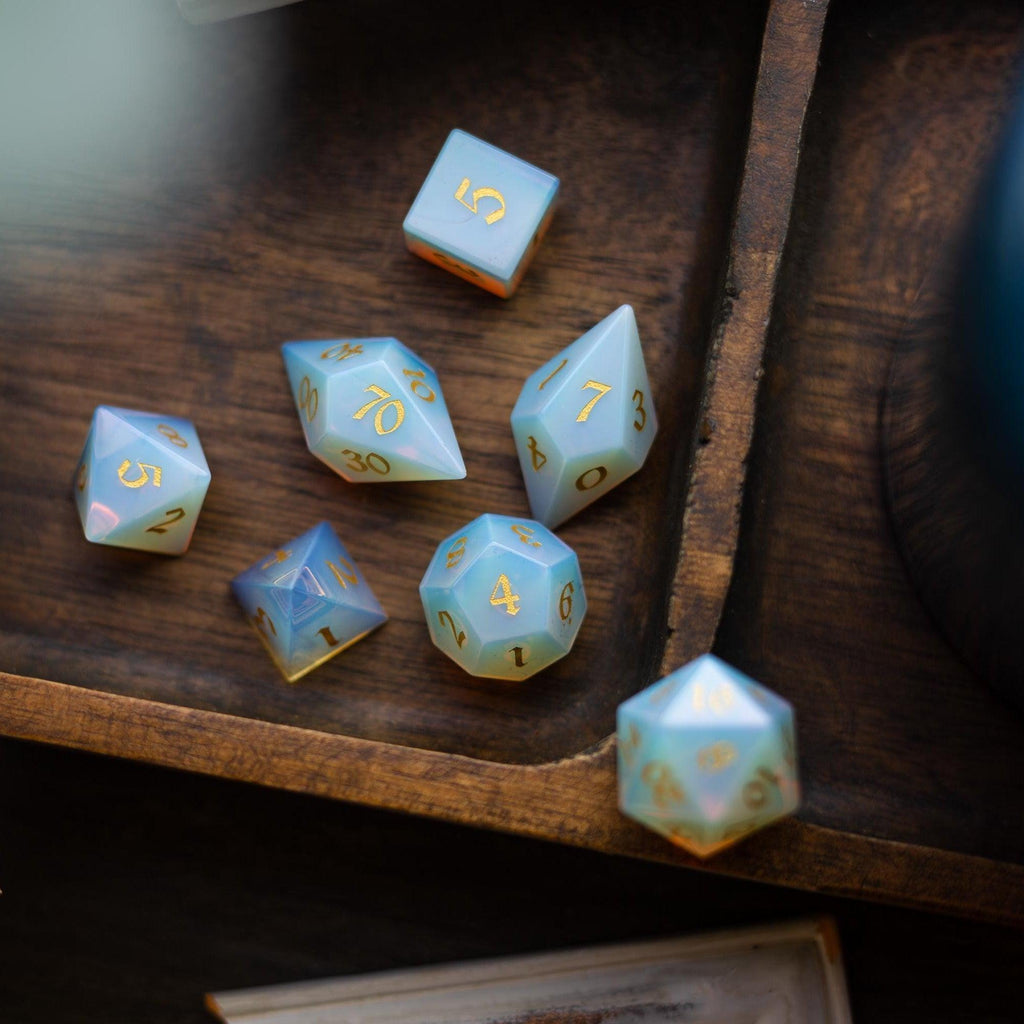 Gemstone Opalite Elven Cut DND Dice Set | Gemstone Dice | Wiccan Center