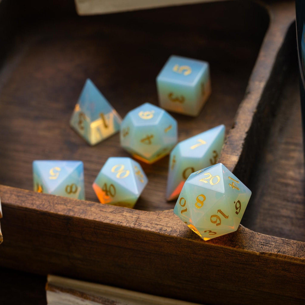 Gemstone Opalite Elven Cut DND Dice Set | Gemstone Dice | Wiccan Center