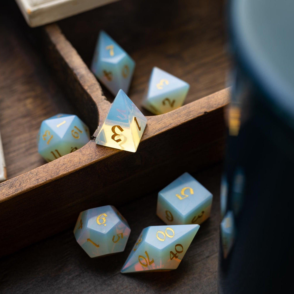 Gemstone Opalite Elven Cut DND Dice Set | Gemstone Dice | Wiccan Center