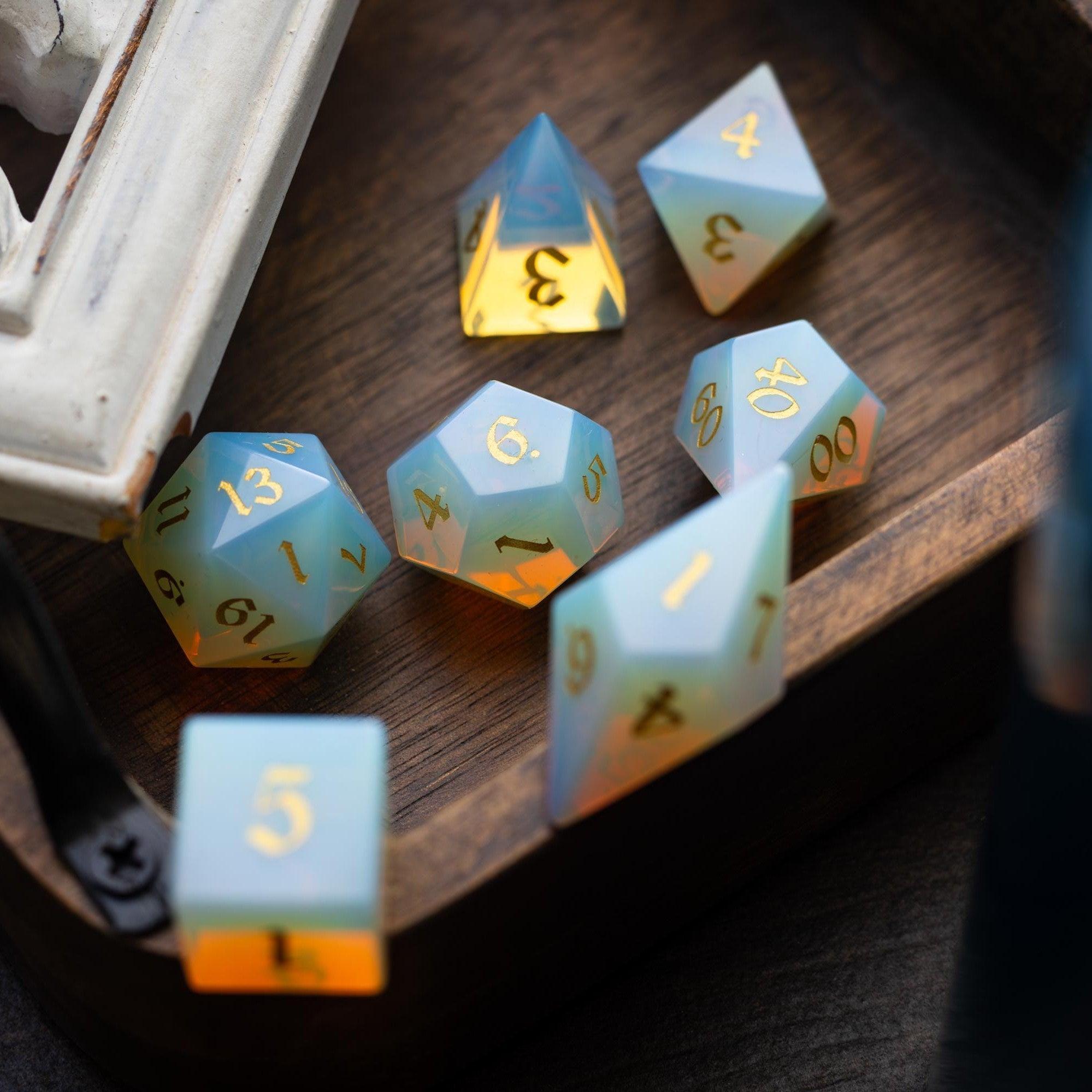 Gemstone Opalite Elven Cut DND Dice Set | Gemstone Dice | Wiccan Center
