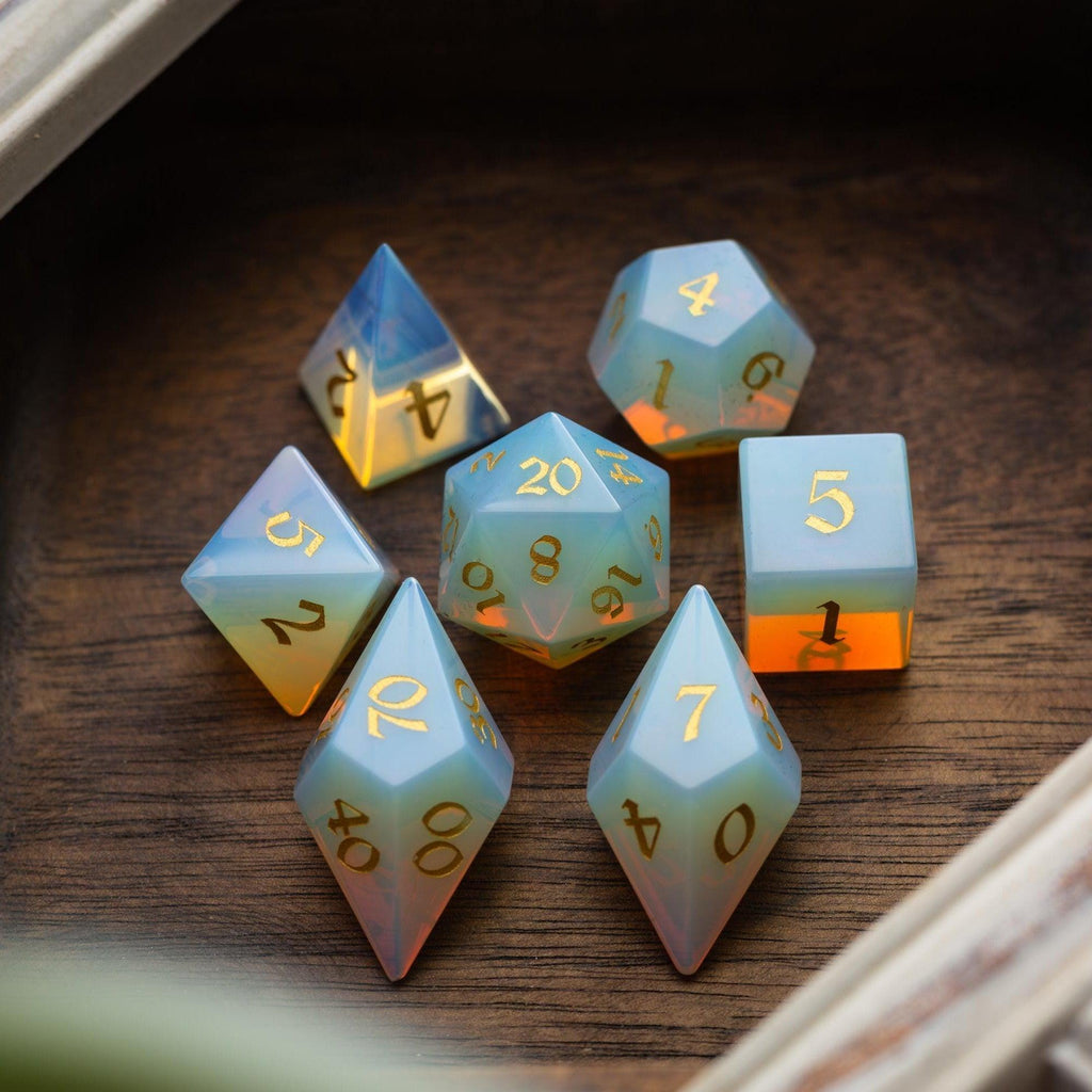 Gemstone Opalite Elven Cut DND Dice Set | Gemstone Dice | Wiccan Center