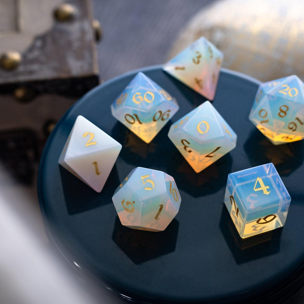 Gemstone Opalite (Gold Font) Hand Carved DND Dice Set | Gemstone Dice | Wiccan Center