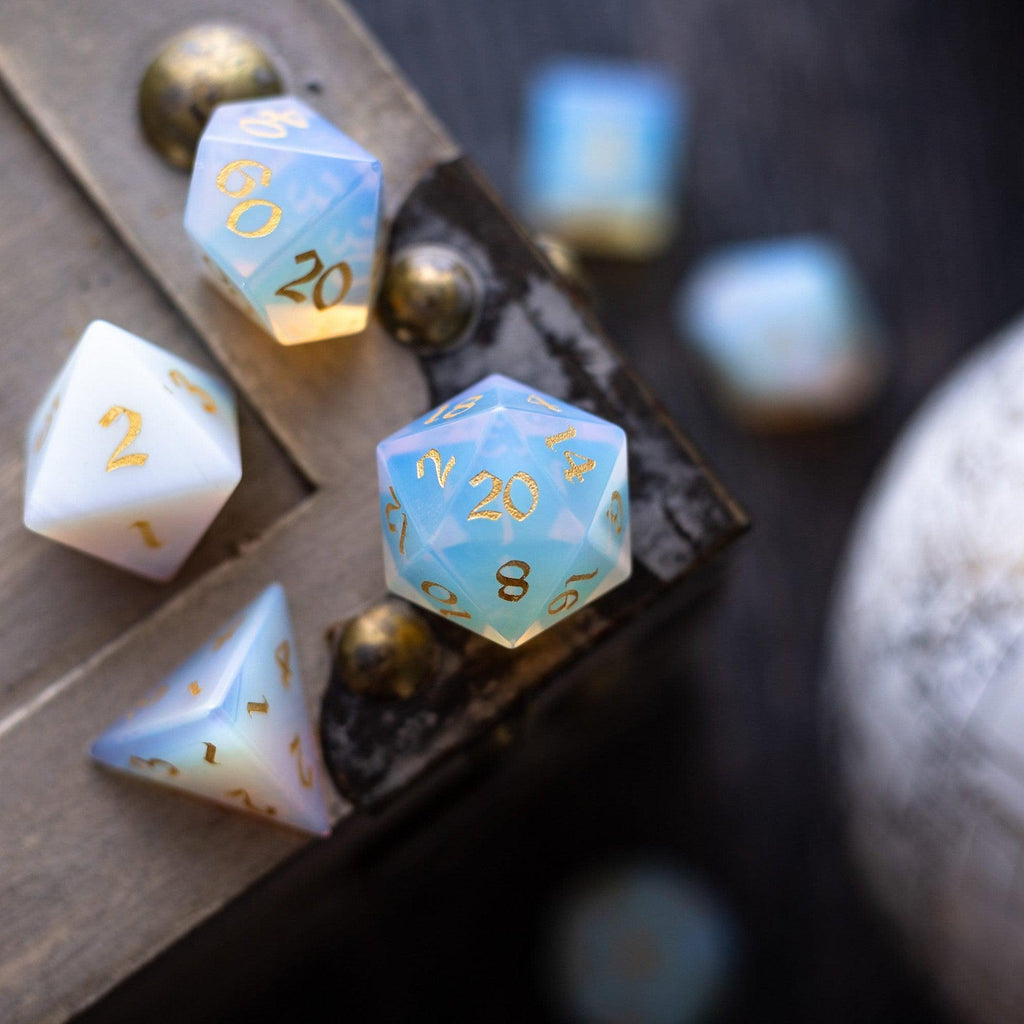 Gemstone Opalite (Gold Font) Hand Carved DND Dice Set | Gemstone Dice | Wiccan Center