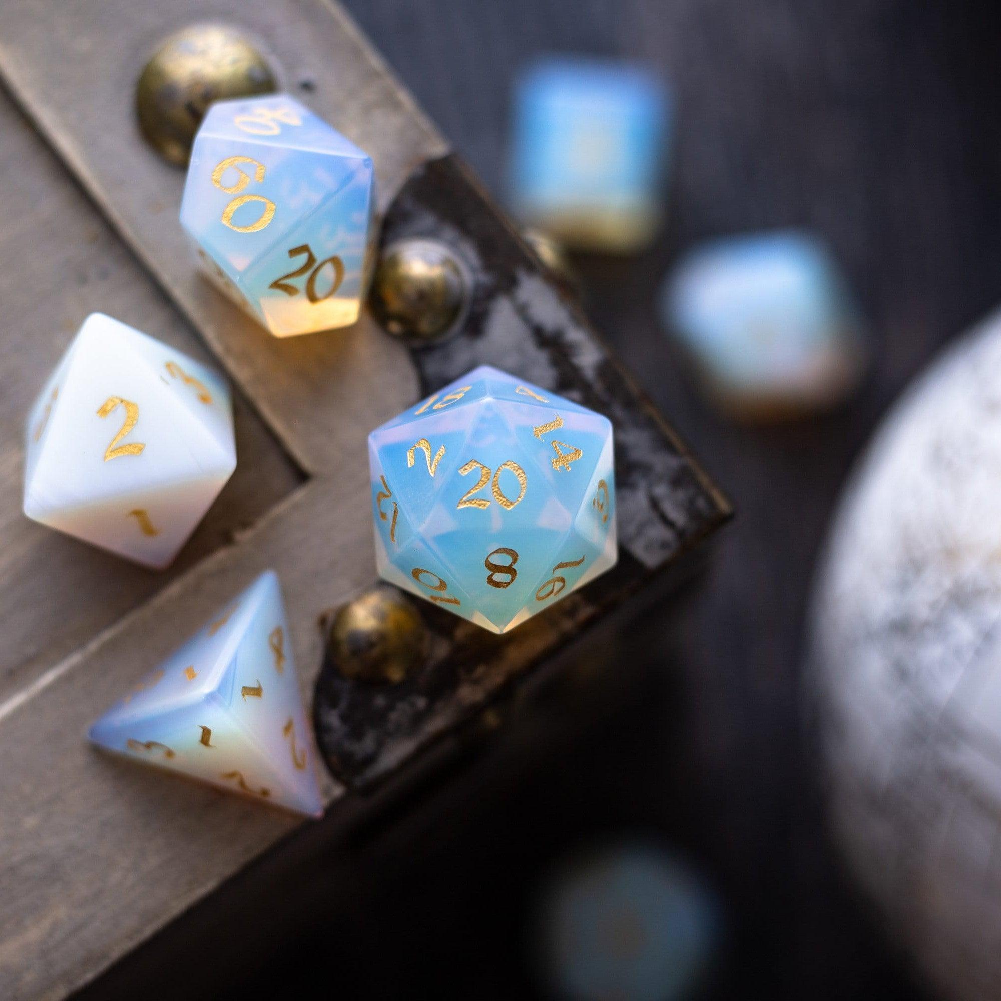 Gemstone Opalite (Gold Font) Hand Carved DND Dice Set | Gemstone Dice | Wiccan Center