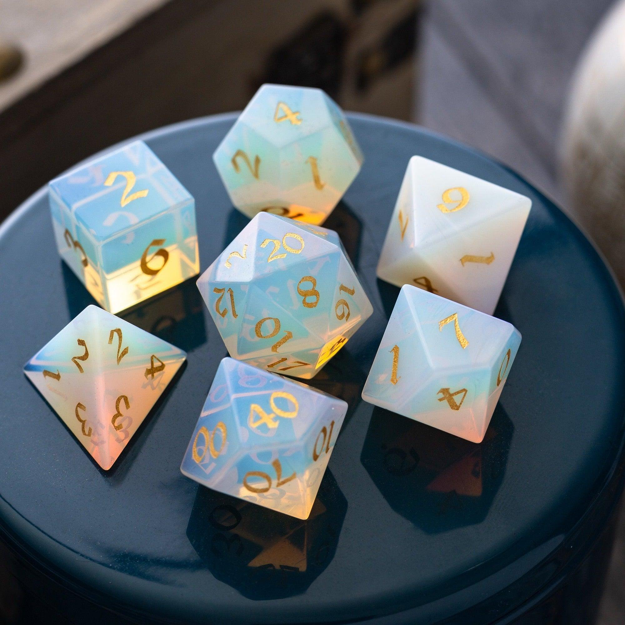 Gemstone Opalite (Gold Font) Hand Carved DND Dice Set | Gemstone Dice | Wiccan Center