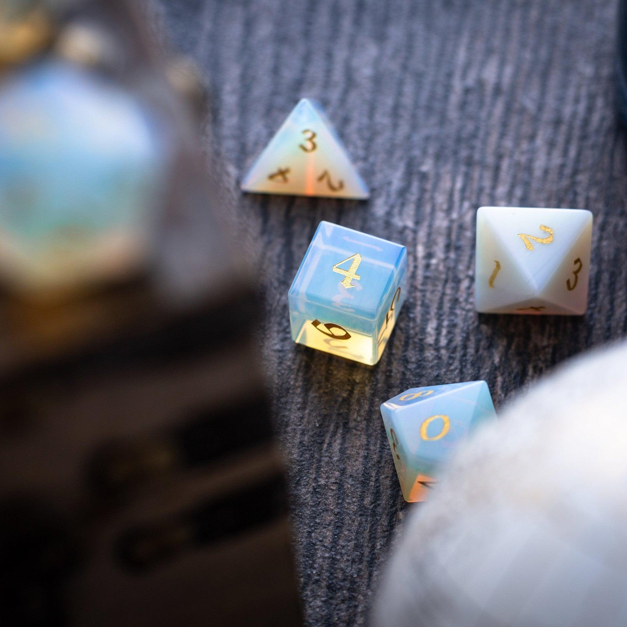 Gemstone Opalite (Gold Font) Hand Carved DND Dice Set | Gemstone Dice | Wiccan Center
