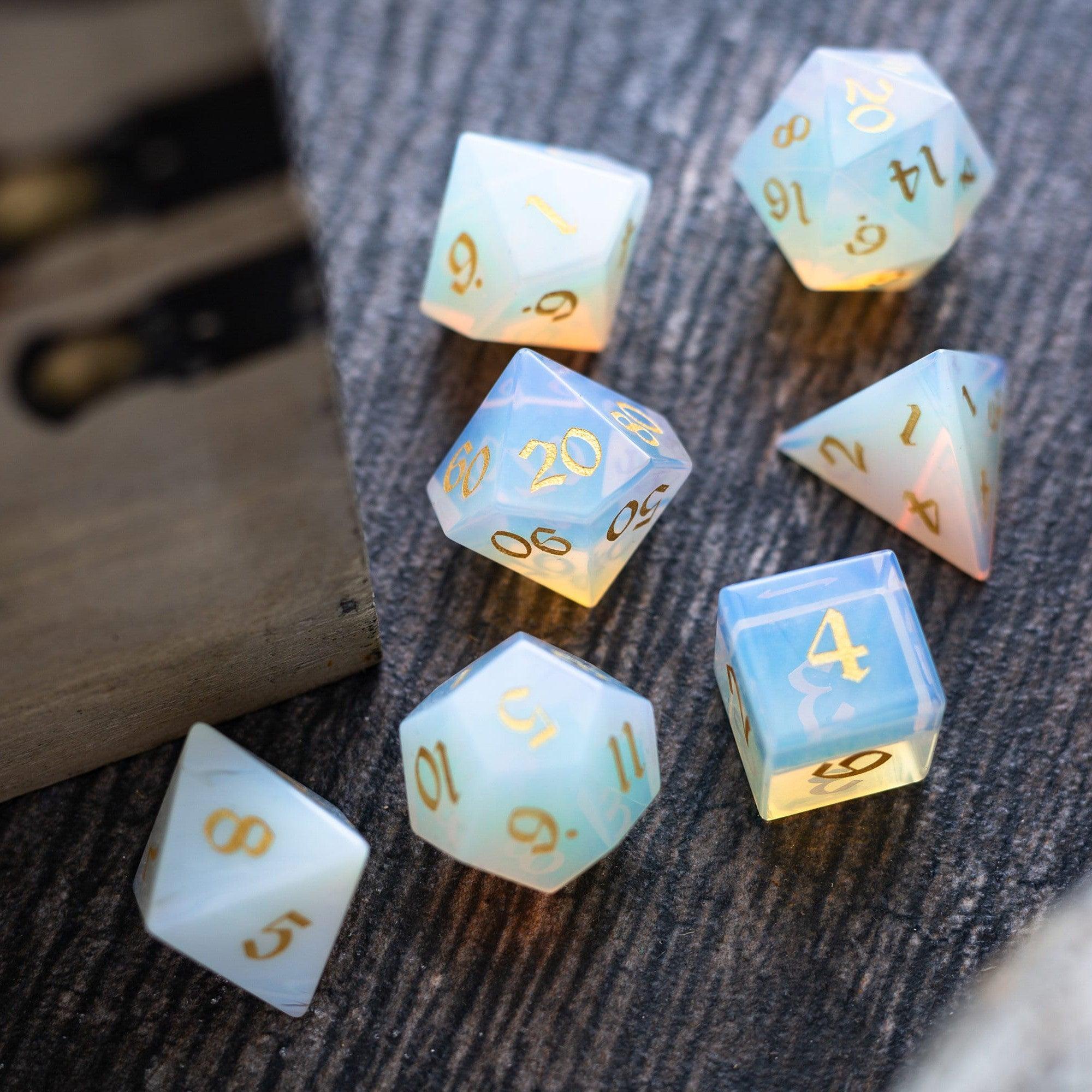 Gemstone Opalite (Gold Font) Hand Carved DND Dice Set | Gemstone Dice | Wiccan Center