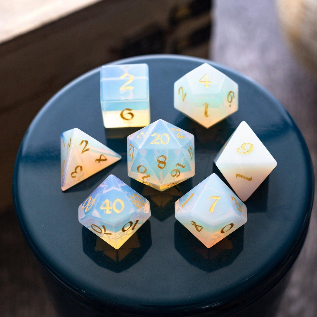 Gemstone Opalite (Gold Font) Hand Carved DND Dice Set | Gemstone Dice | Wiccan Center