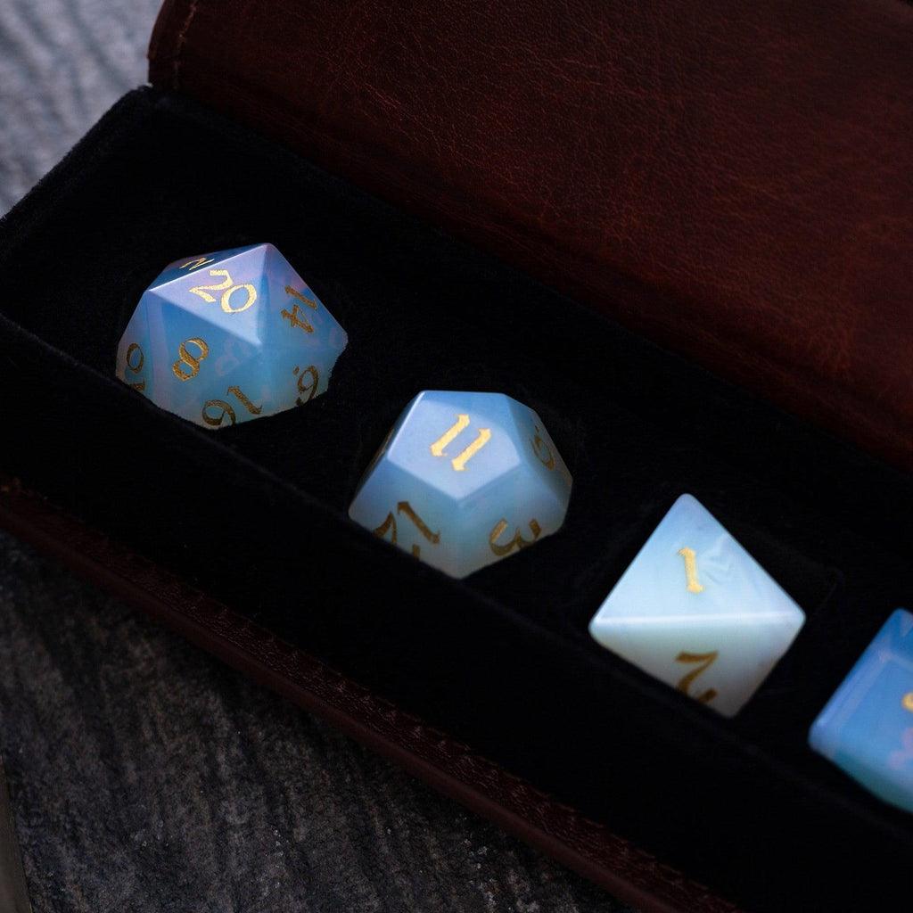 Gemstone Opalite (Gold Font) Hand Carved DND Dice Set | Gemstone Dice | Wiccan Center