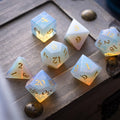 Gemstone Opalite (Gold Font) Hand Carved DND Dice Set | Gemstone Dice | Wiccan Center