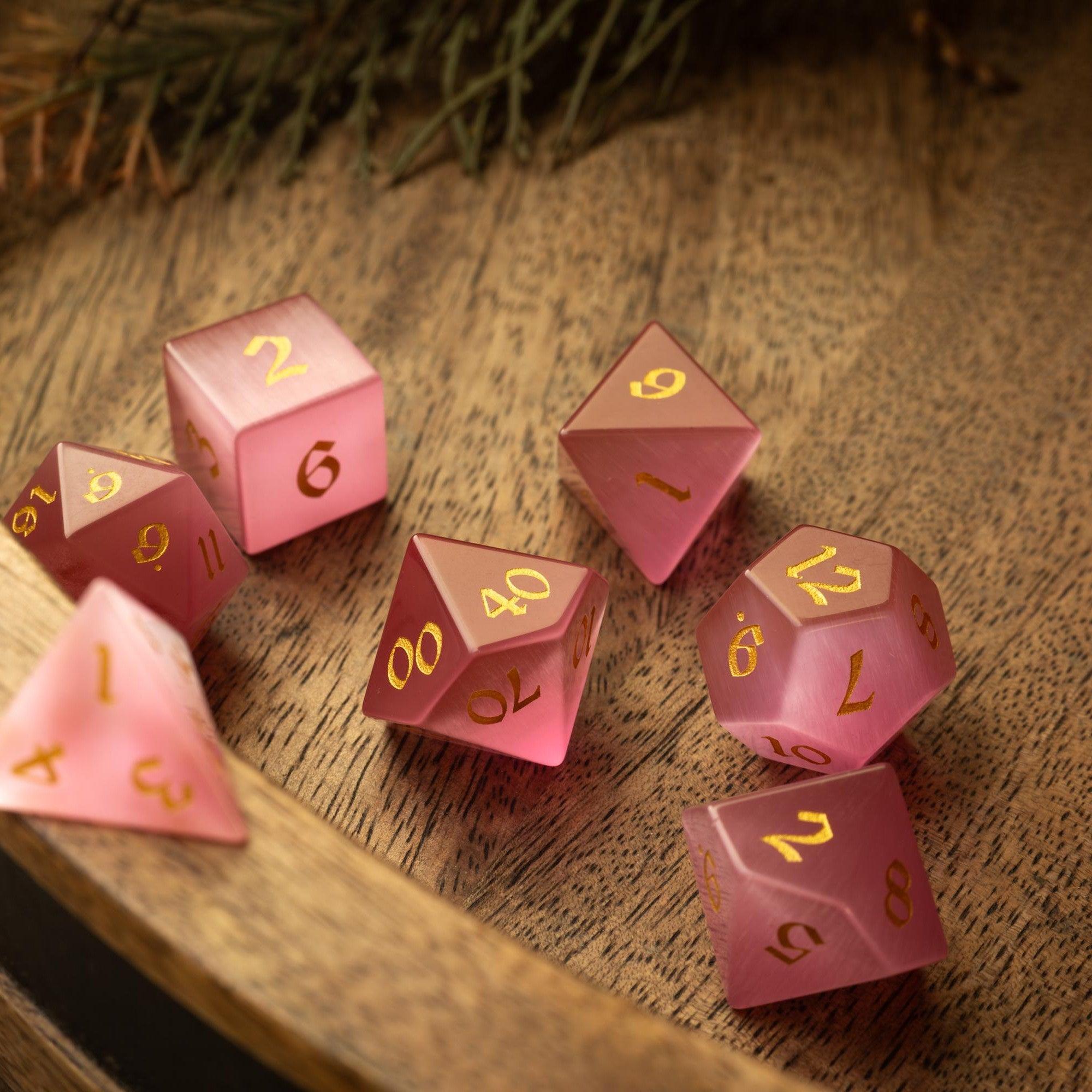 Gemstone Pink Watermelon Cats Eye Stone Hand Carved DND Dice Set | Gemstone Dice | Wiccan Center