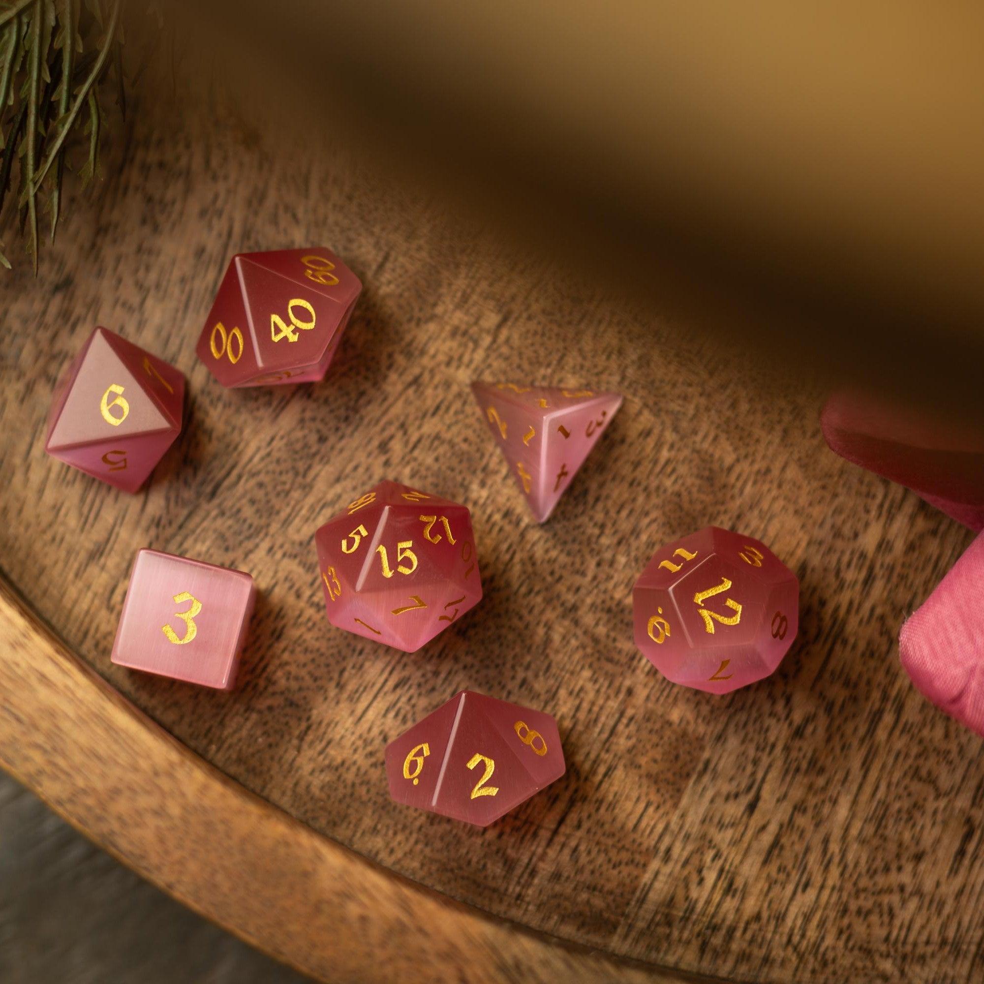 Gemstone Pink Watermelon Cats Eye Stone Hand Carved DND Dice Set | Gemstone Dice | Wiccan Center