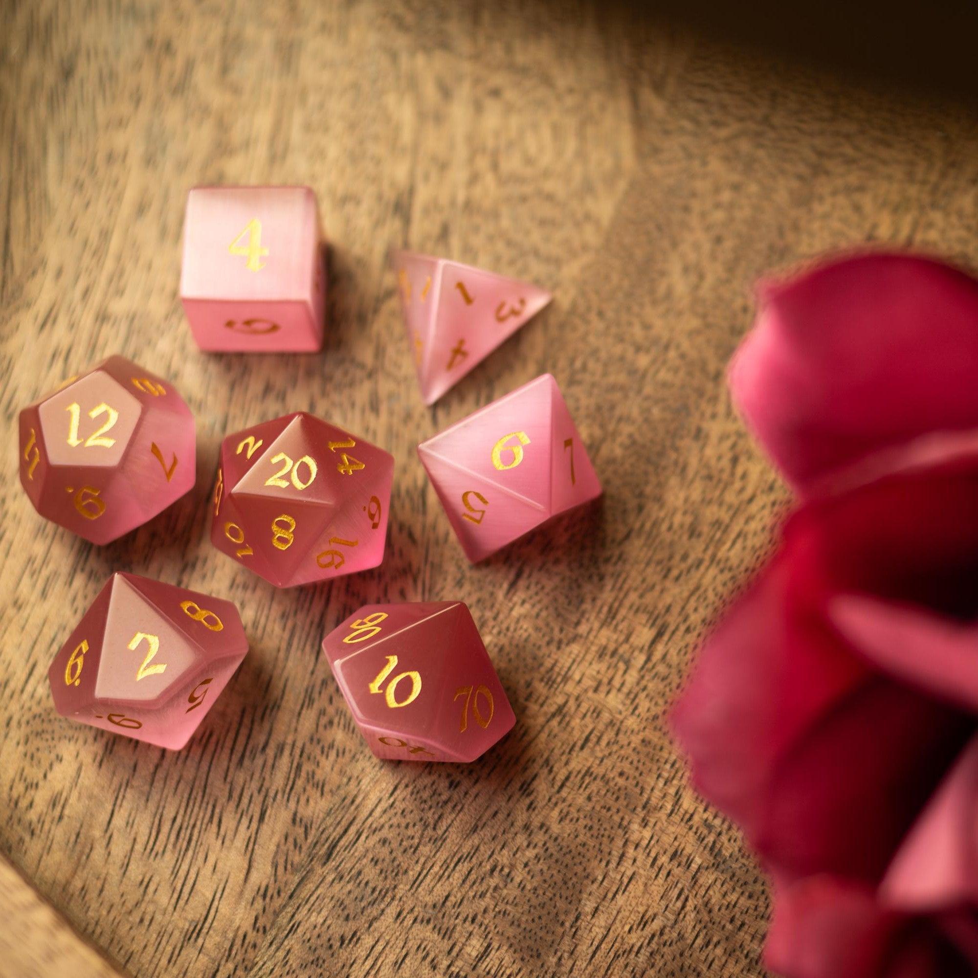 Gemstone Pink Watermelon Cats Eye Stone Hand Carved DND Dice Set | Gemstone Dice | Wiccan Center