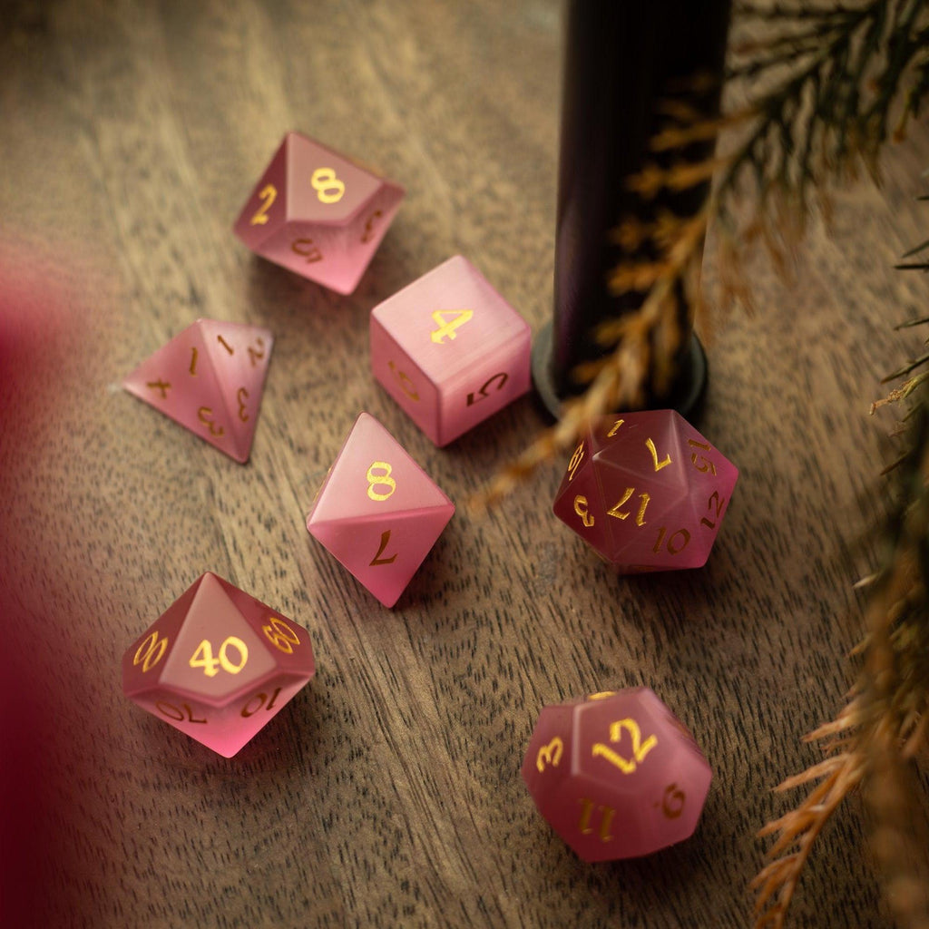 Gemstone Pink Watermelon Cats Eye Stone Hand Carved DND Dice Set | Gemstone Dice | Wiccan Center