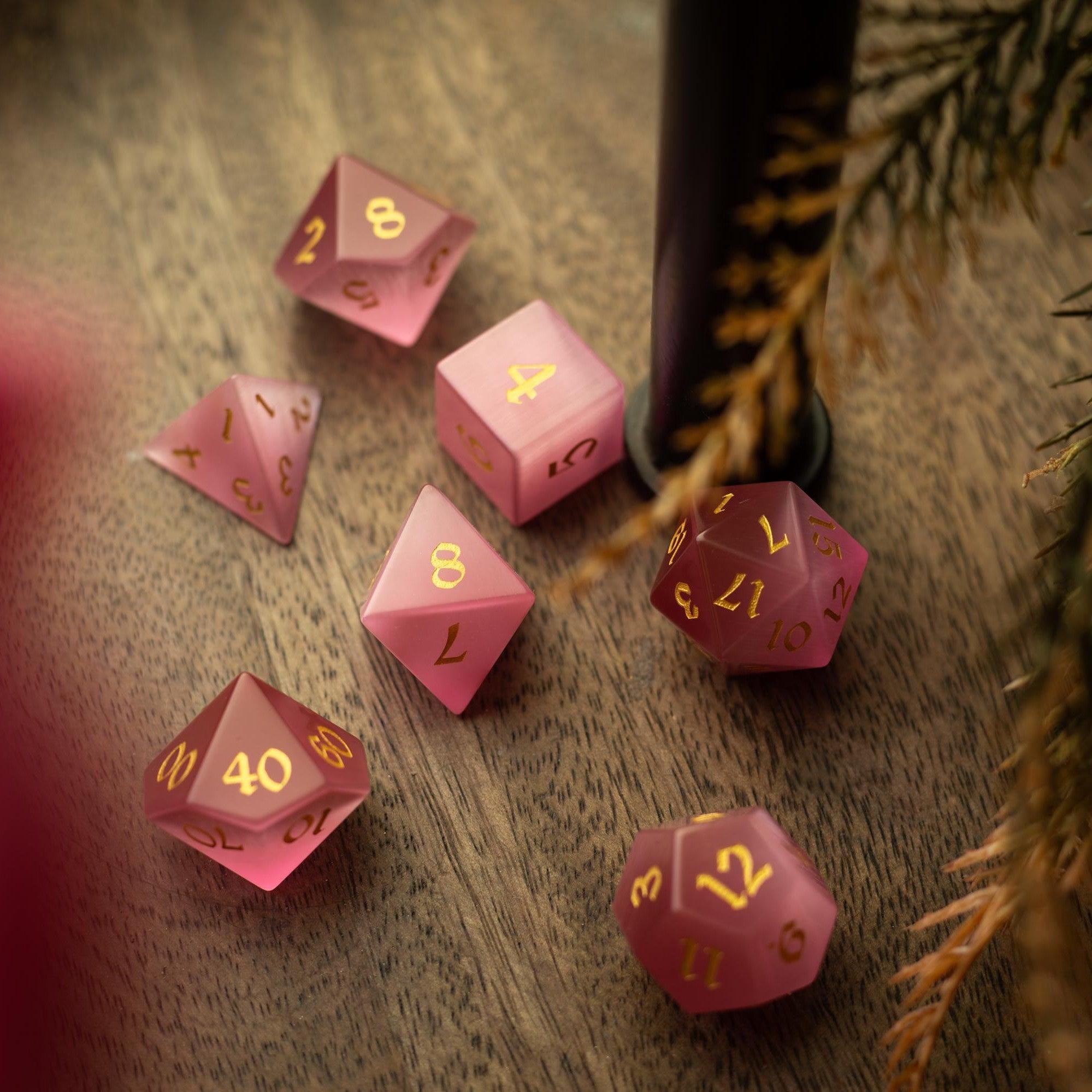 Gemstone Pink Watermelon Cats Eye Stone Hand Carved DND Dice Set | Gemstone Dice | Wiccan Center