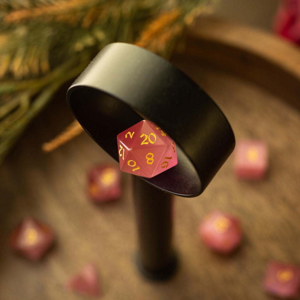 Gemstone Pink Watermelon Cats Eye Stone Hand Carved DND Dice Set | Gemstone Dice | Wiccan Center