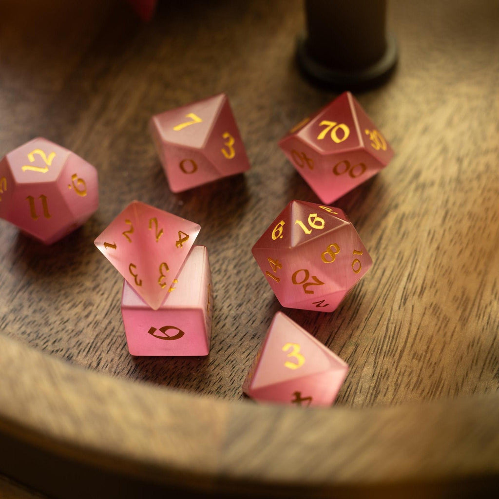 Gemstone Pink Watermelon Cats Eye Stone Hand Carved DND Dice Set | Gemstone Dice | Wiccan Center