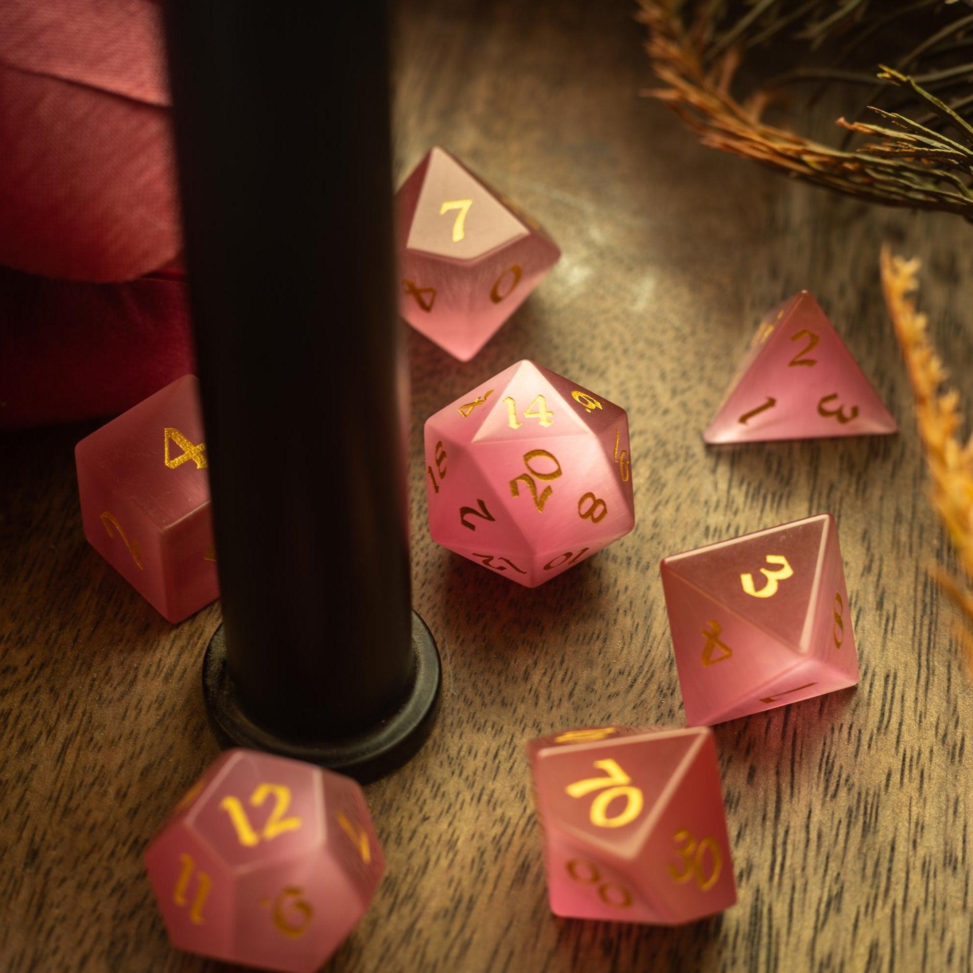 Gemstone Pink Watermelon Cats Eye Stone Hand Carved DND Dice Set | Gemstone Dice | Wiccan Center