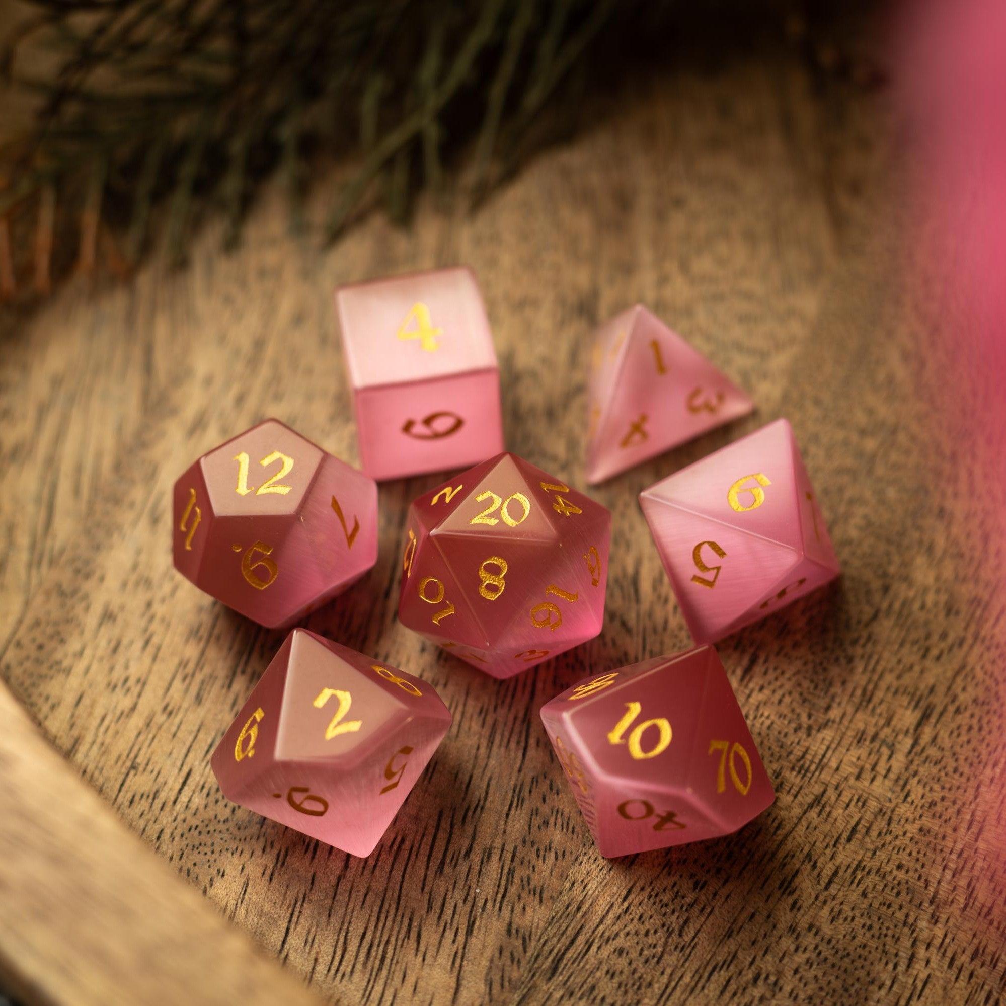 Gemstone Pink Watermelon Cats Eye Stone Hand Carved DND Dice Set | Gemstone Dice | Wiccan Center