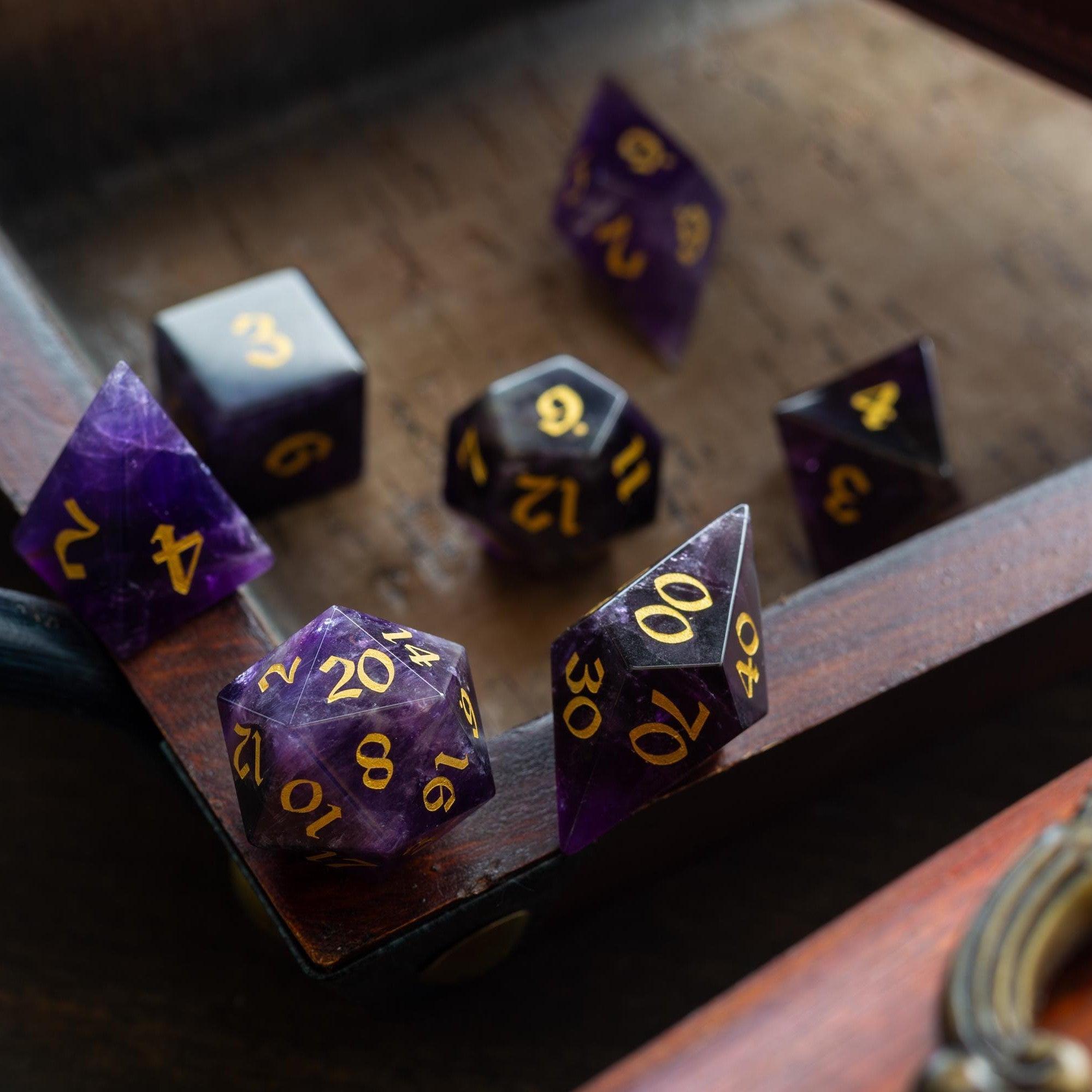 Gemstone Purple Amethyst Elven Cut DND Dice Set | Gemstone Dice | Wiccan Center