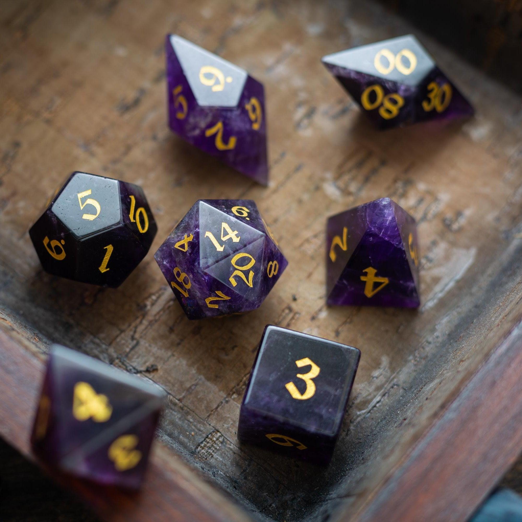 Gemstone Purple Amethyst Elven Cut DND Dice Set | Gemstone Dice | Wiccan Center