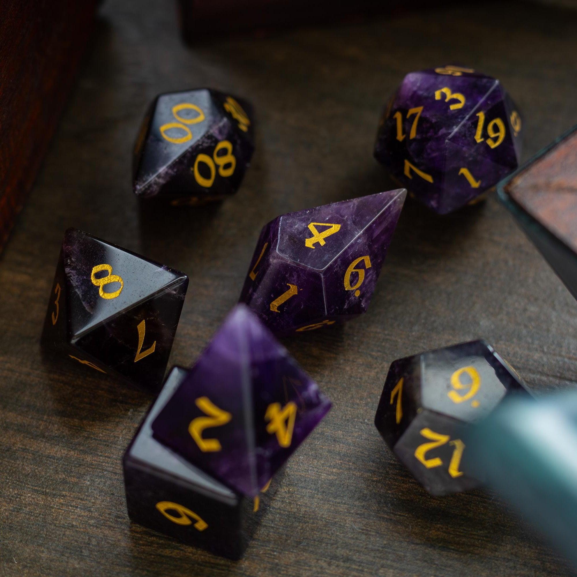 Gemstone Purple Amethyst Elven Cut DND Dice Set | Gemstone Dice | Wiccan Center