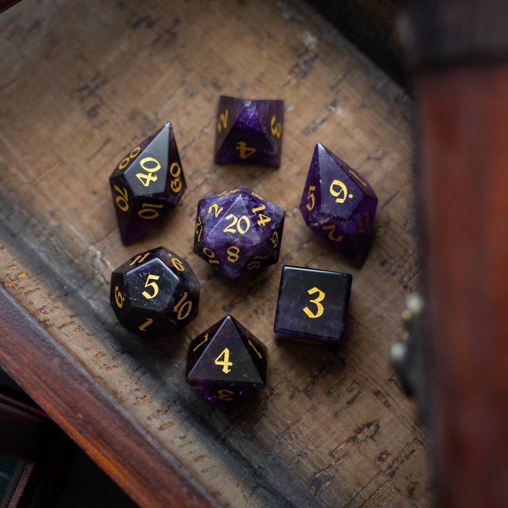 Gemstone Purple Amethyst Elven Cut DND Dice Set | Gemstone Dice | Wiccan Center