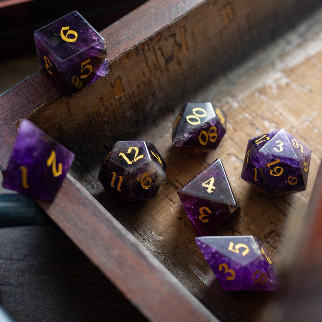 Gemstone Purple Amethyst Elven Cut DND Dice Set | Gemstone Dice | Wiccan Center