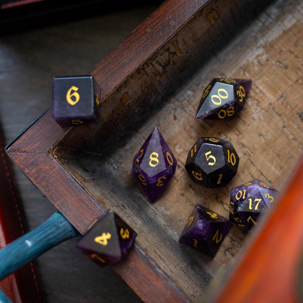 Gemstone Purple Amethyst Elven Cut DND Dice Set | Gemstone Dice | Wiccan Center