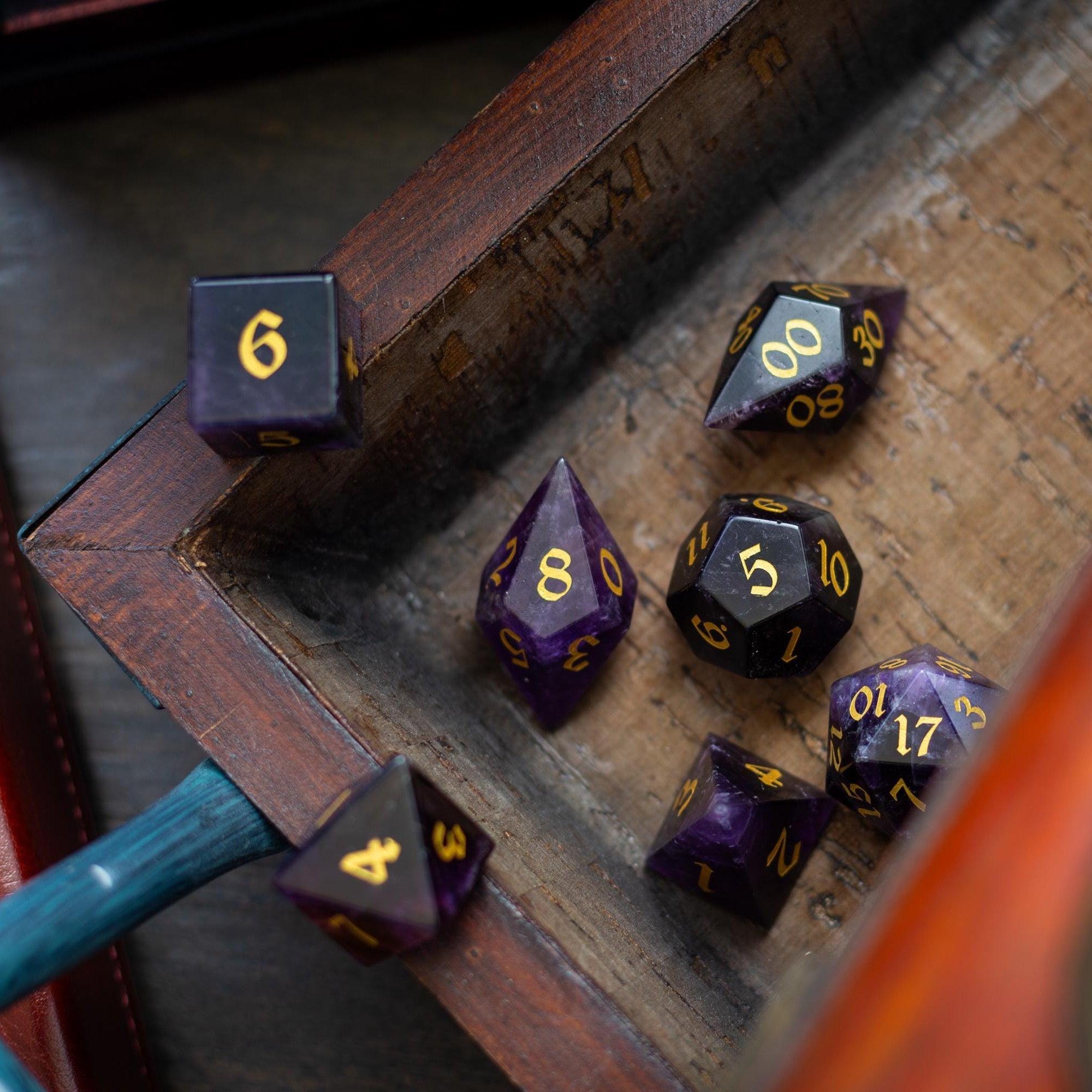 Gemstone Purple Amethyst Elven Cut DND Dice Set | Gemstone Dice | Wiccan Center