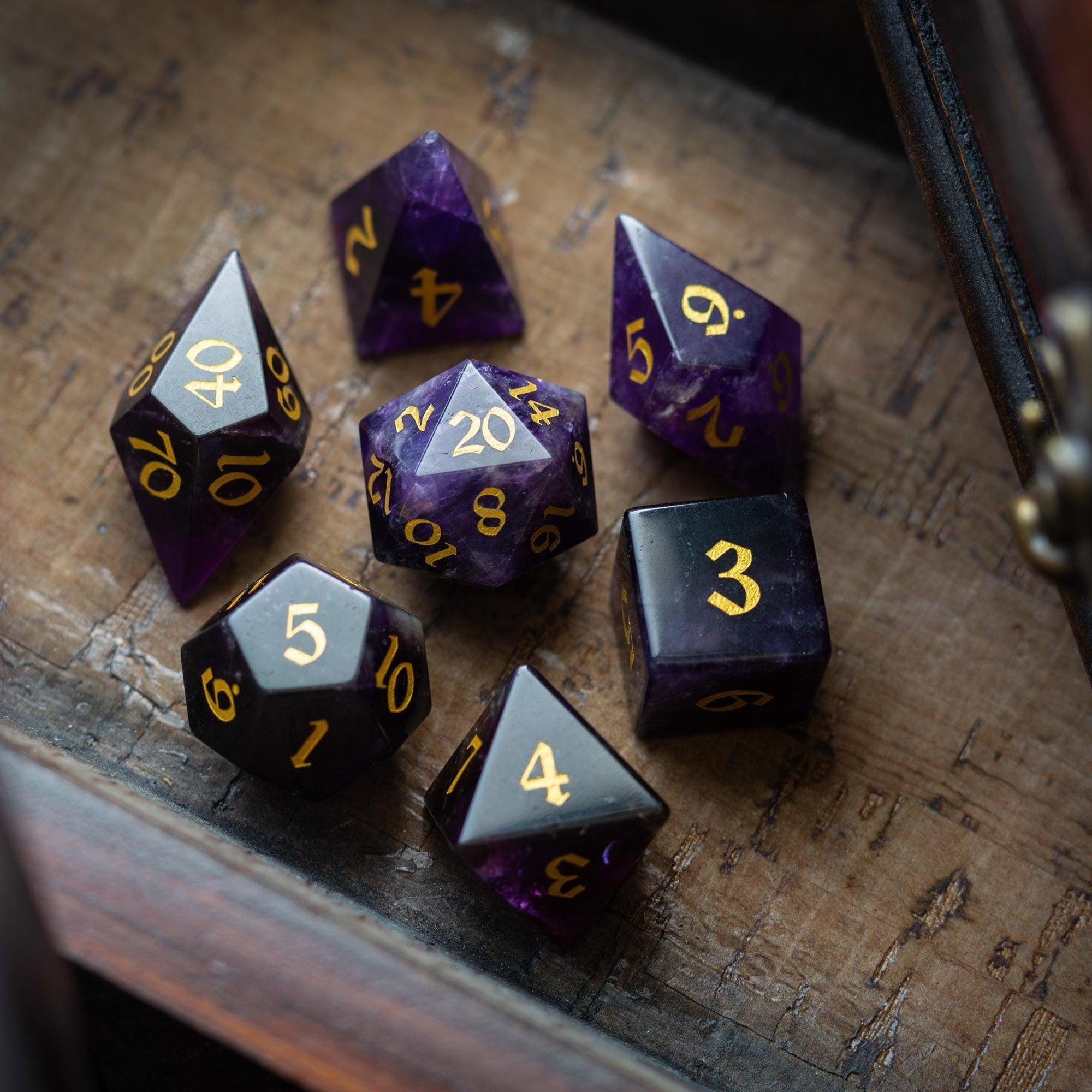 Gemstone Purple Amethyst Elven Cut DND Dice Set | Gemstone Dice | Wiccan Center