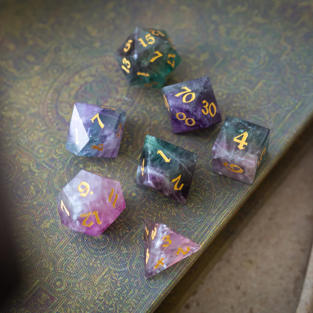 Gemstone Rainbow Fluorite Hand Carved DND Dice Set | Gemstone Dice | Wiccan Center