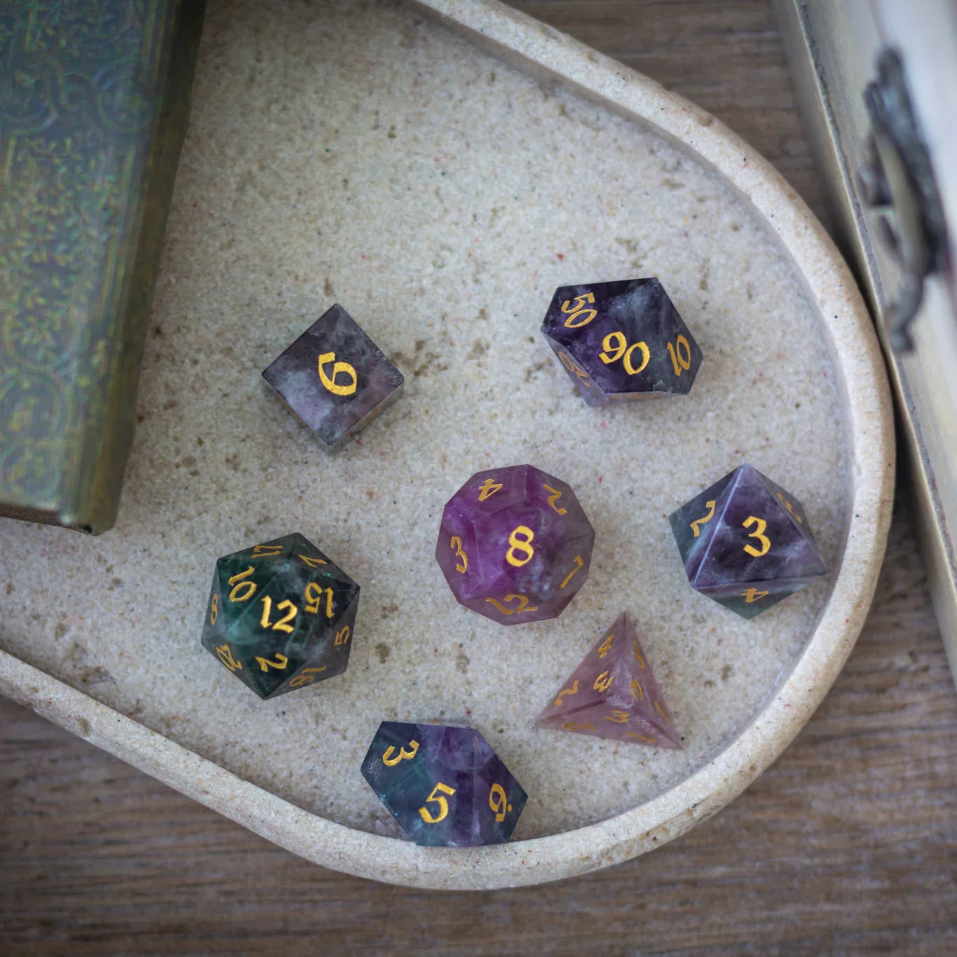 Gemstone Rainbow Fluorite Hand Carved DND Dice Set | Gemstone Dice | Wiccan Center