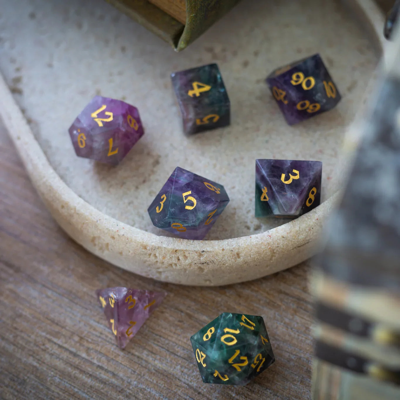 Gemstone Rainbow Fluorite Hand Carved DND Dice Set | Gemstone Dice | Wiccan Center