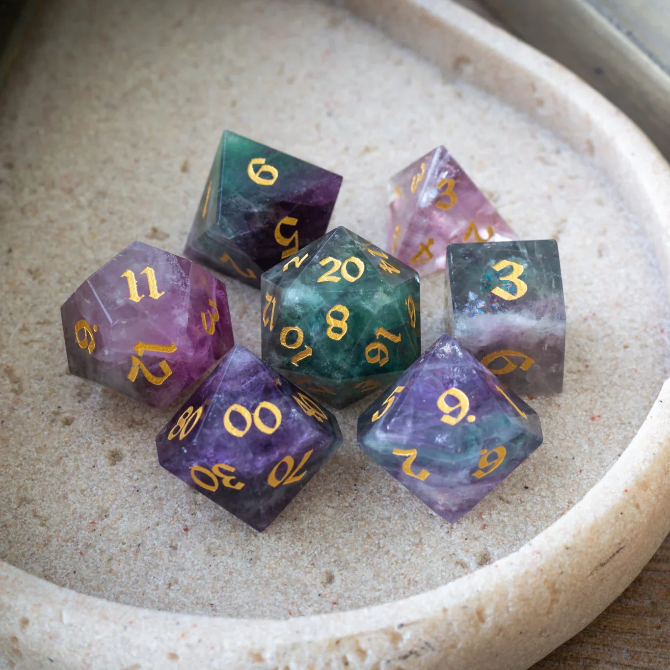 Gemstone Rainbow Fluorite Hand Carved DND Dice Set | Gemstone Dice | Wiccan Center