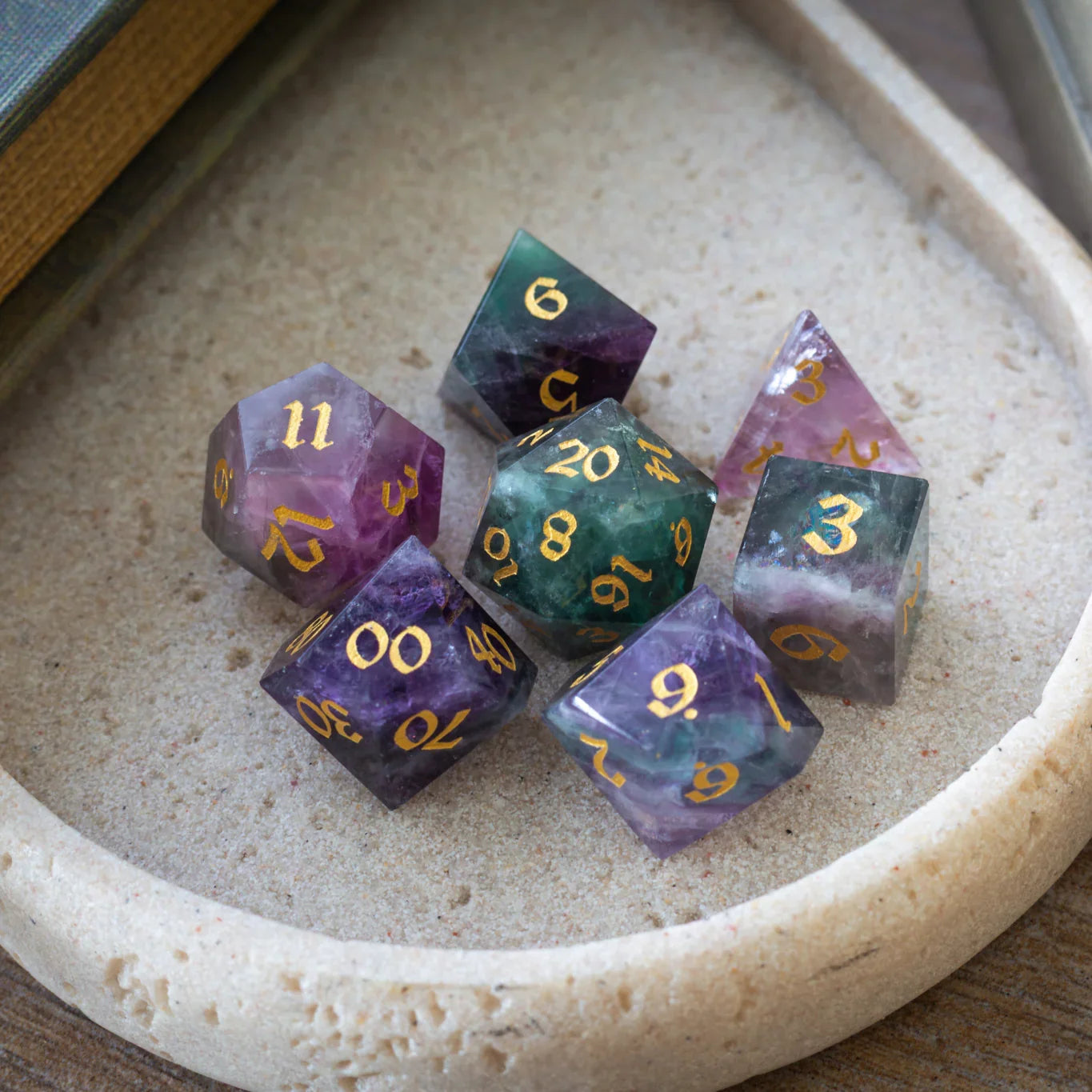 Gemstone Rainbow Fluorite Hand Carved DND Dice Set | Gemstone Dice | Wiccan Center