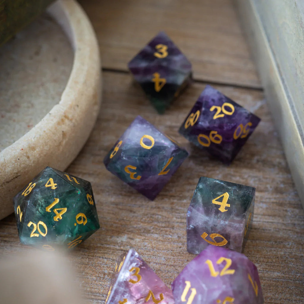 Gemstone Rainbow Fluorite Hand Carved DND Dice Set | Gemstone Dice | Wiccan Center