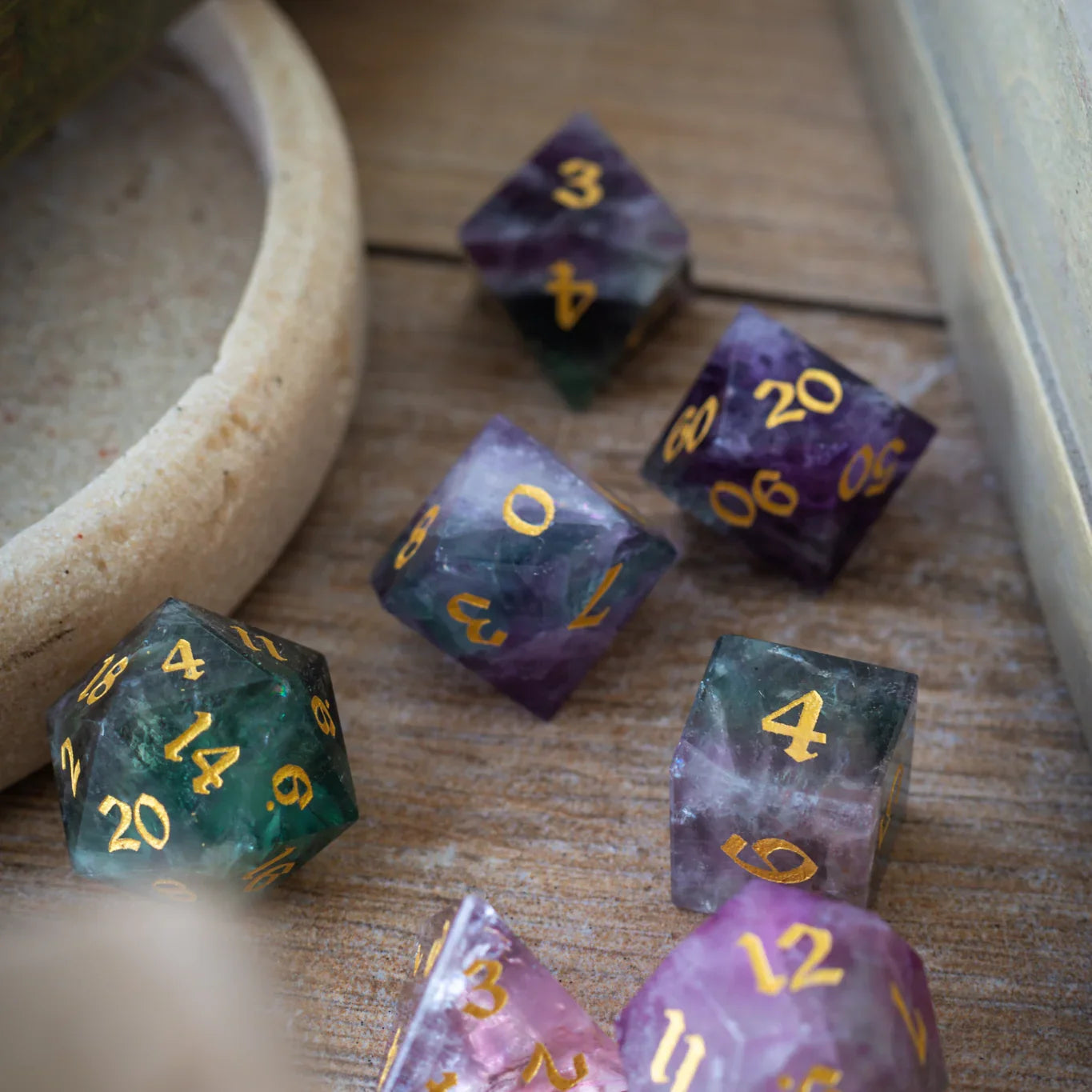 Gemstone Rainbow Fluorite Hand Carved DND Dice Set | Gemstone Dice | Wiccan Center