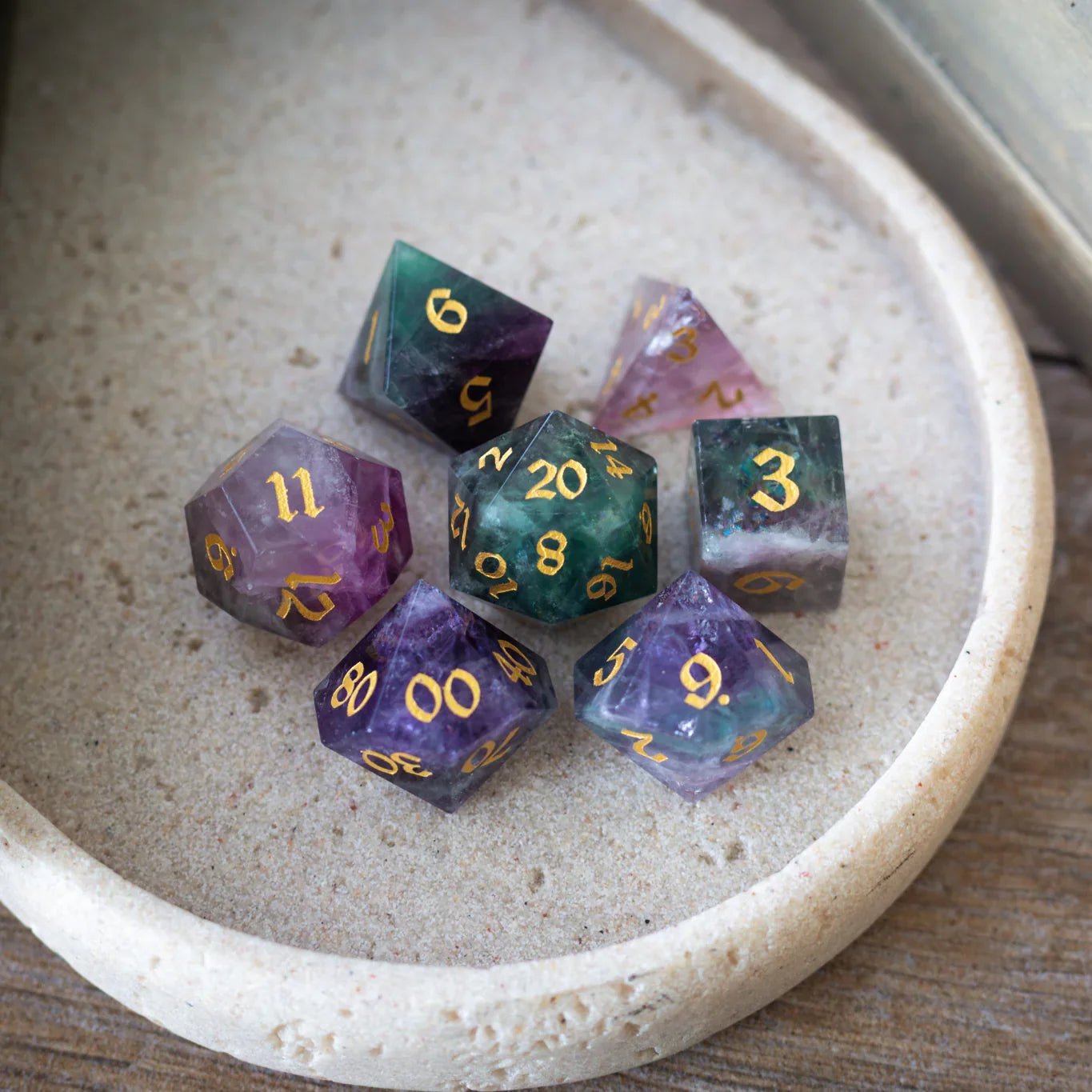 Gemstone Rainbow Fluorite Hand Carved DND Dice Set | Gemstone Dice | Wiccan Center