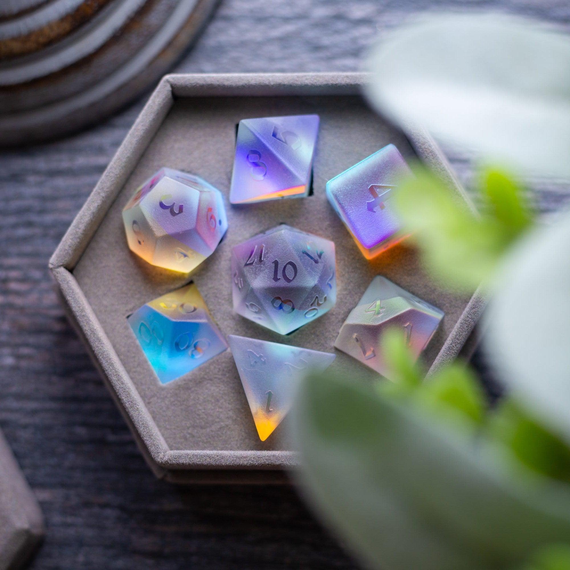 Gemstone Raised Dichroic Glass DND Dice Set | Gemstone Dice | Wiccan Center