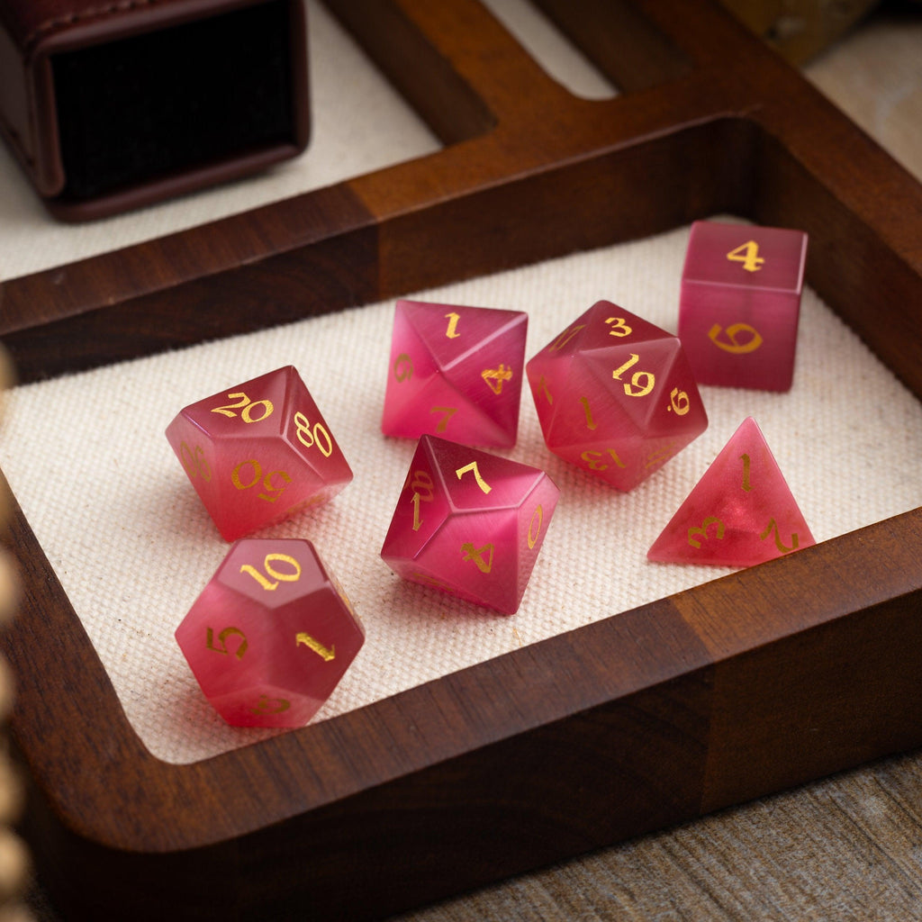 Gemstone Rose Red Cats Eye Stone Hand Carved DND Dice Set | Gemstone Dice | Wiccan Center