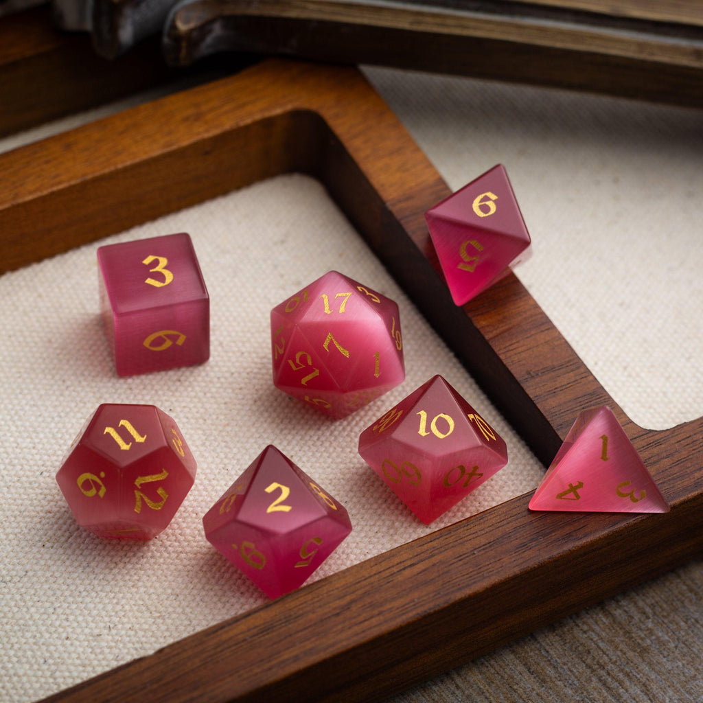 Gemstone Rose Red Cats Eye Stone Hand Carved DND Dice Set | Gemstone Dice | Wiccan Center