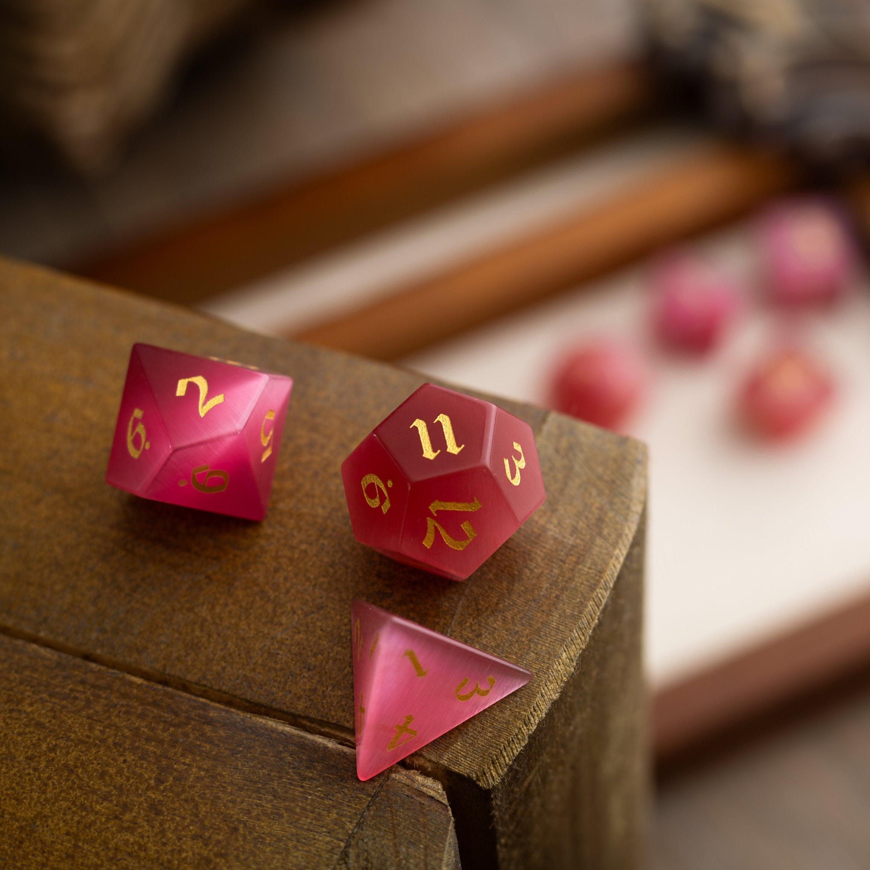 Gemstone Rose Red Cats Eye Stone Hand Carved DND Dice Set | Gemstone Dice | Wiccan Center
