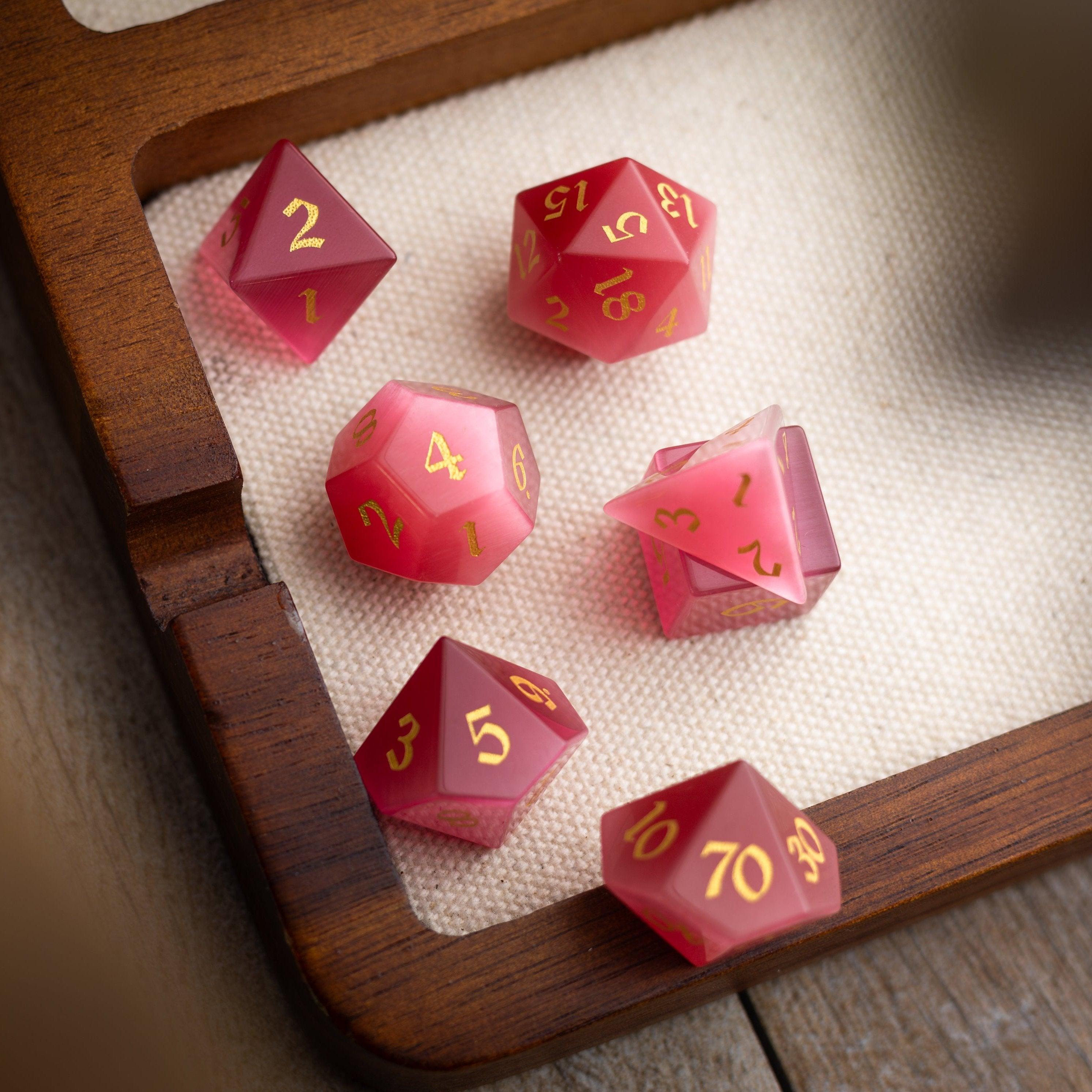 Gemstone Rose Red Cats Eye Stone Hand Carved DND Dice Set | Gemstone Dice | Wiccan Center