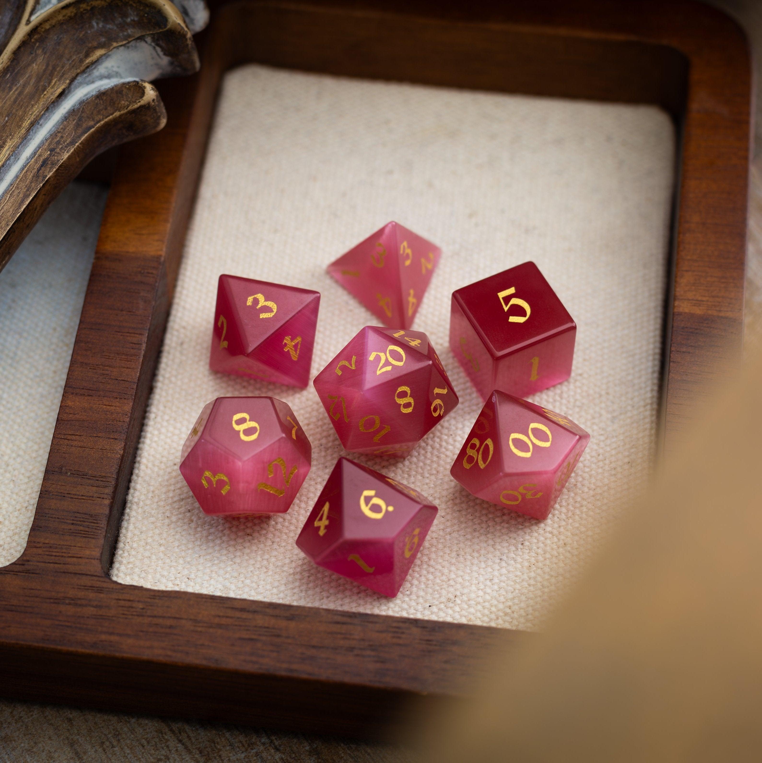 Gemstone Rose Red Cats Eye Stone Hand Carved DND Dice Set | Gemstone Dice | Wiccan Center
