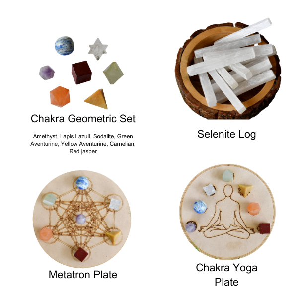 Chakra Crystals Geometric Set, 7 Chakra Plato Stones with Wooden Grid Plate, Selenite Log | Merkaba & Platonic Solids | Wiccan Center