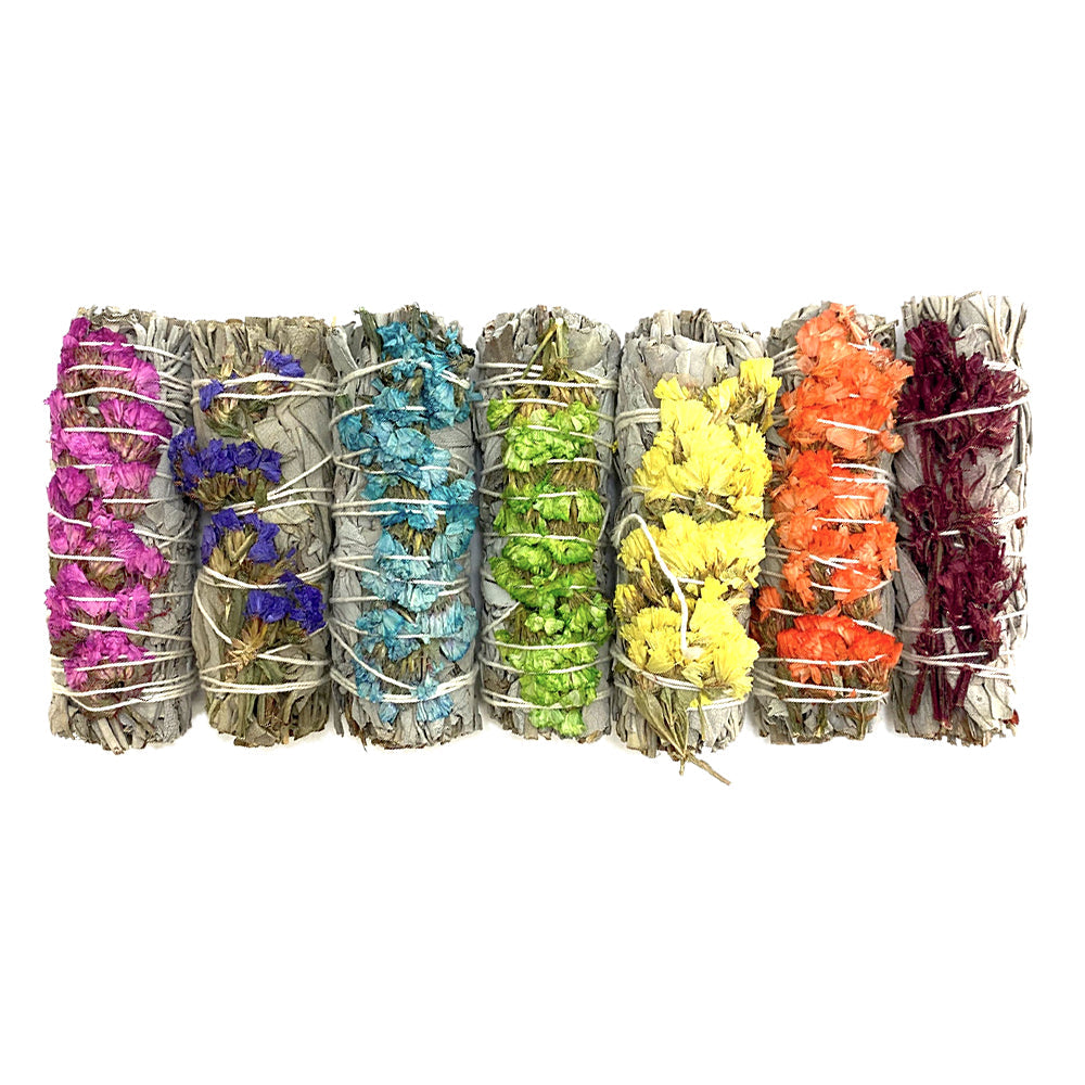 Gift Pack - 7 White Sage with Sinuata Flower Smudge Sticks 3-4" (Chakra Colors) | smudge sticks | Wiccan Center