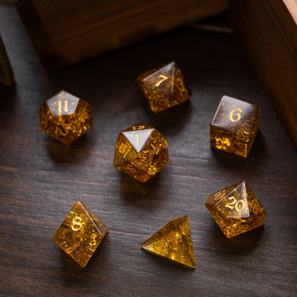 Gold Honey Lightning Cracked Glass DND Dice Set | Gemstone Dice | Wiccan Center